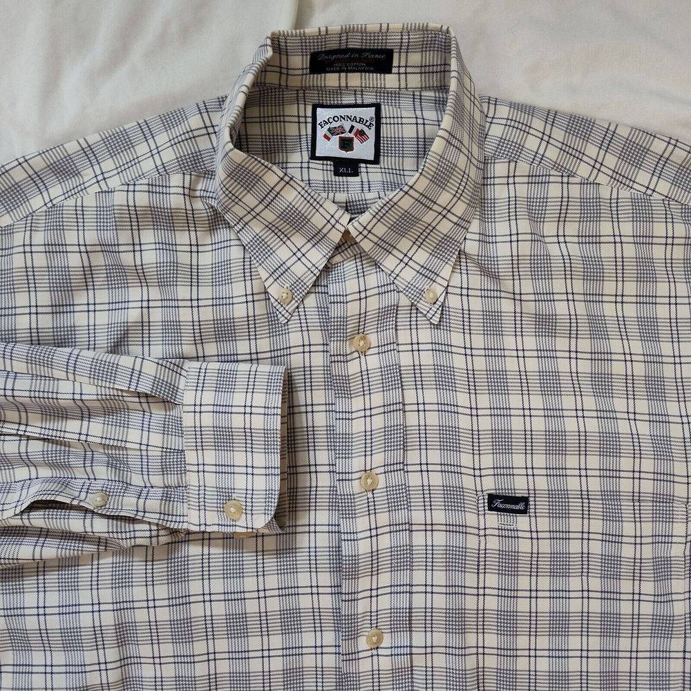 Faconnable Blue White Plaid Button Up‎ Oxford Long Sleeve Size XLL